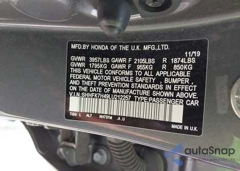 2020 Honda Civic Sport из США, поврежденный, VIN SHHFK7H49LU212257